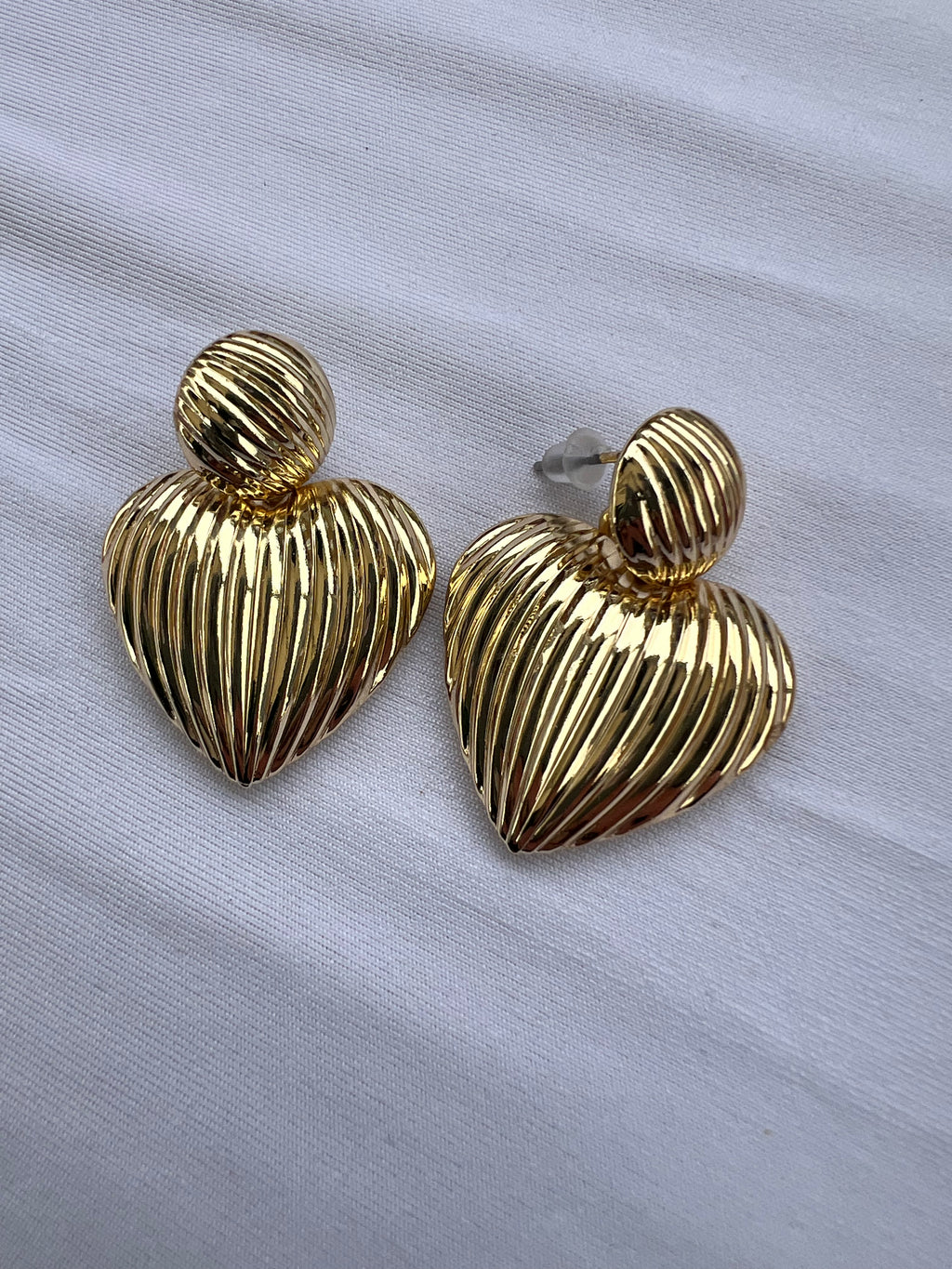 Gold Ridged Heart Stud Earrings