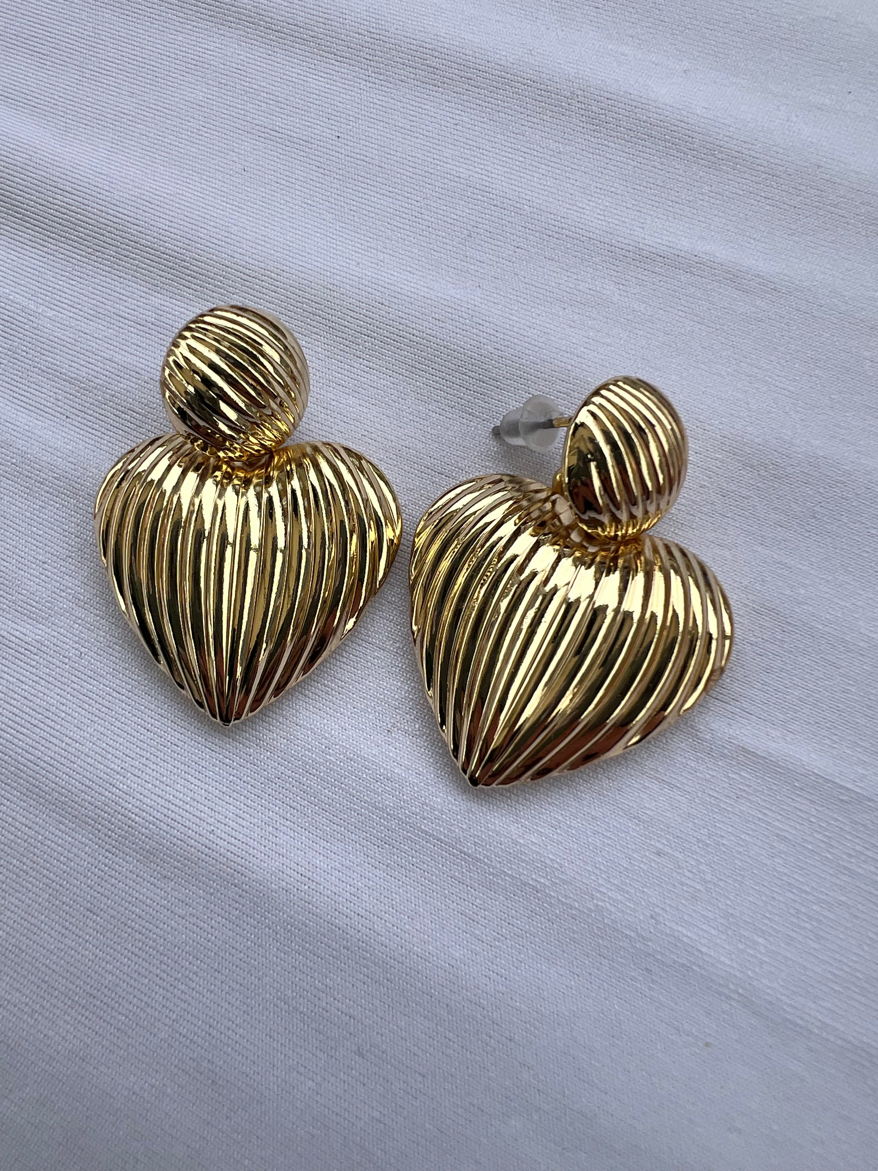 Gold Ridged Heart Stud Earrings