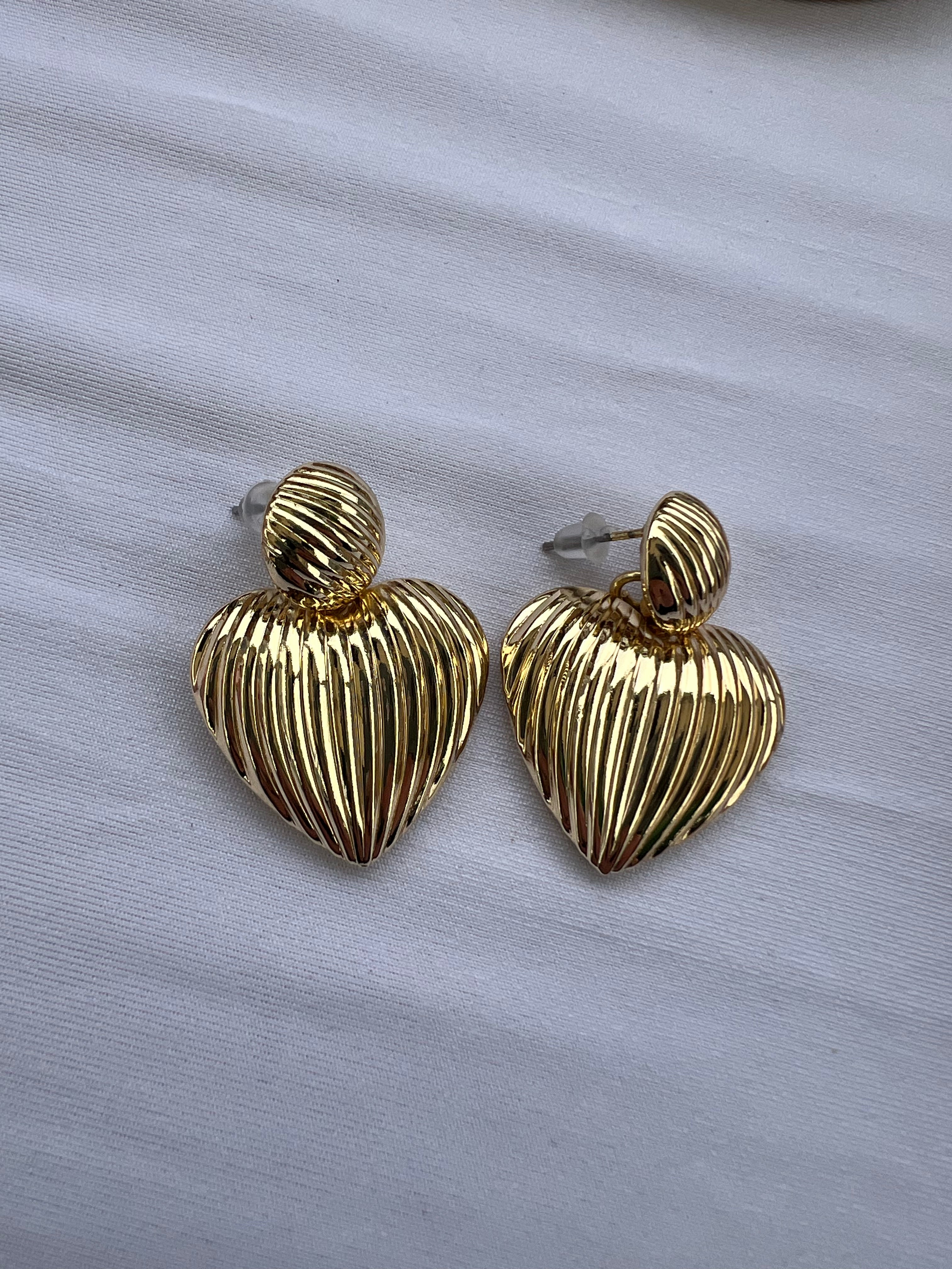 Gold Ridged Heart Stud Earrings